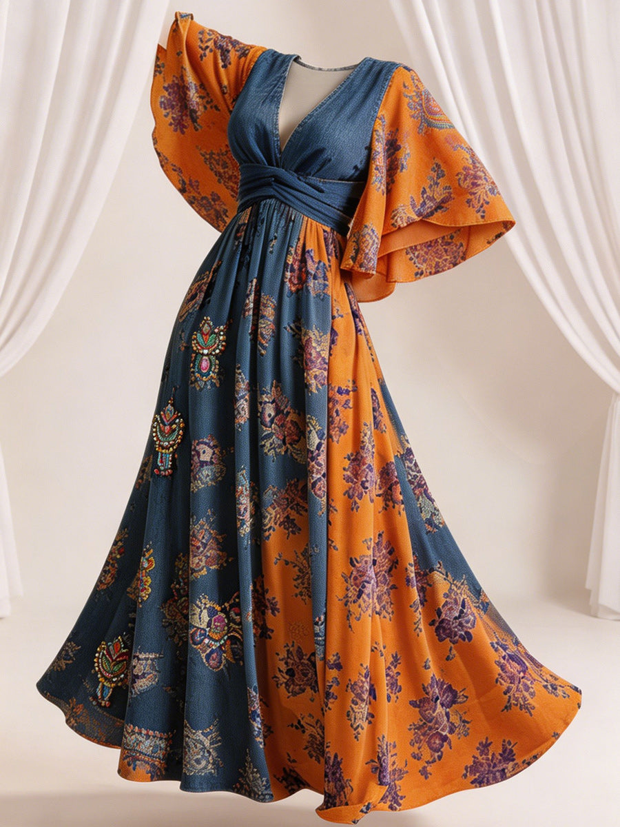 Retro Style Art Printed Elegant V-Neck Vintage Wide-Sleeved Sleeves Maxi Dress